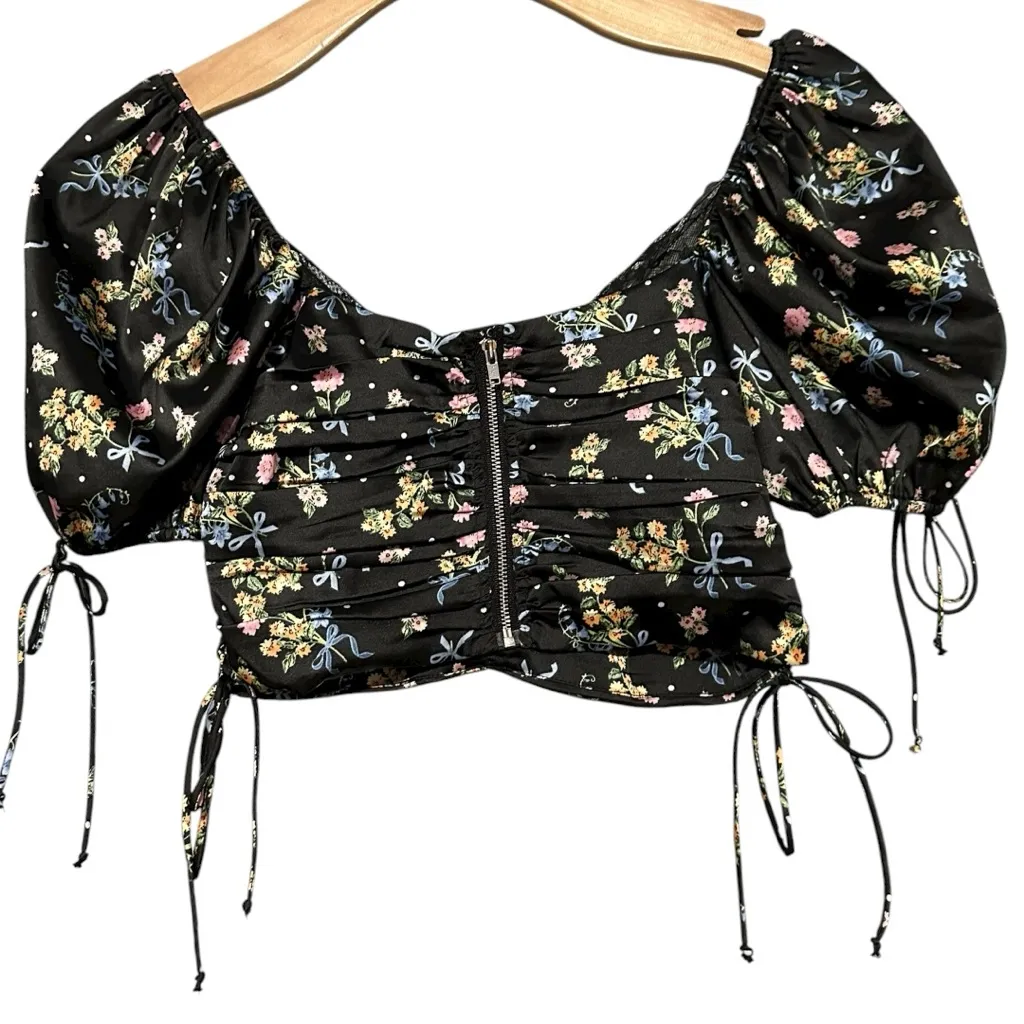For Love & Lemons Women’s Size S Black Floral Satin August Cropped V-Neck Top - Image 9