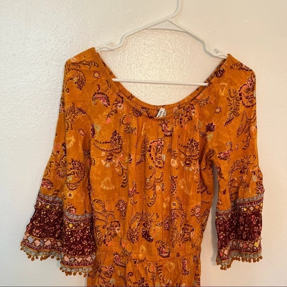 Mudd  Off Shoulder Romper Mustard Floral Paisley - Image 4