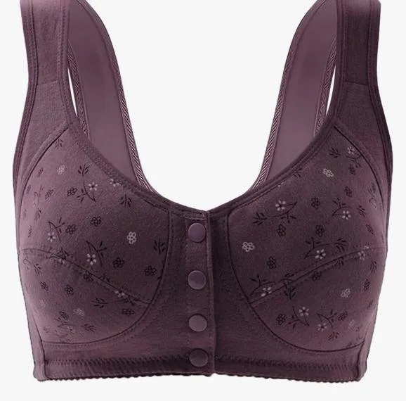 NWOT Womens Purple Floral Print Wireless Breathable Bra With 4 Front snaps Size XL - Image 1