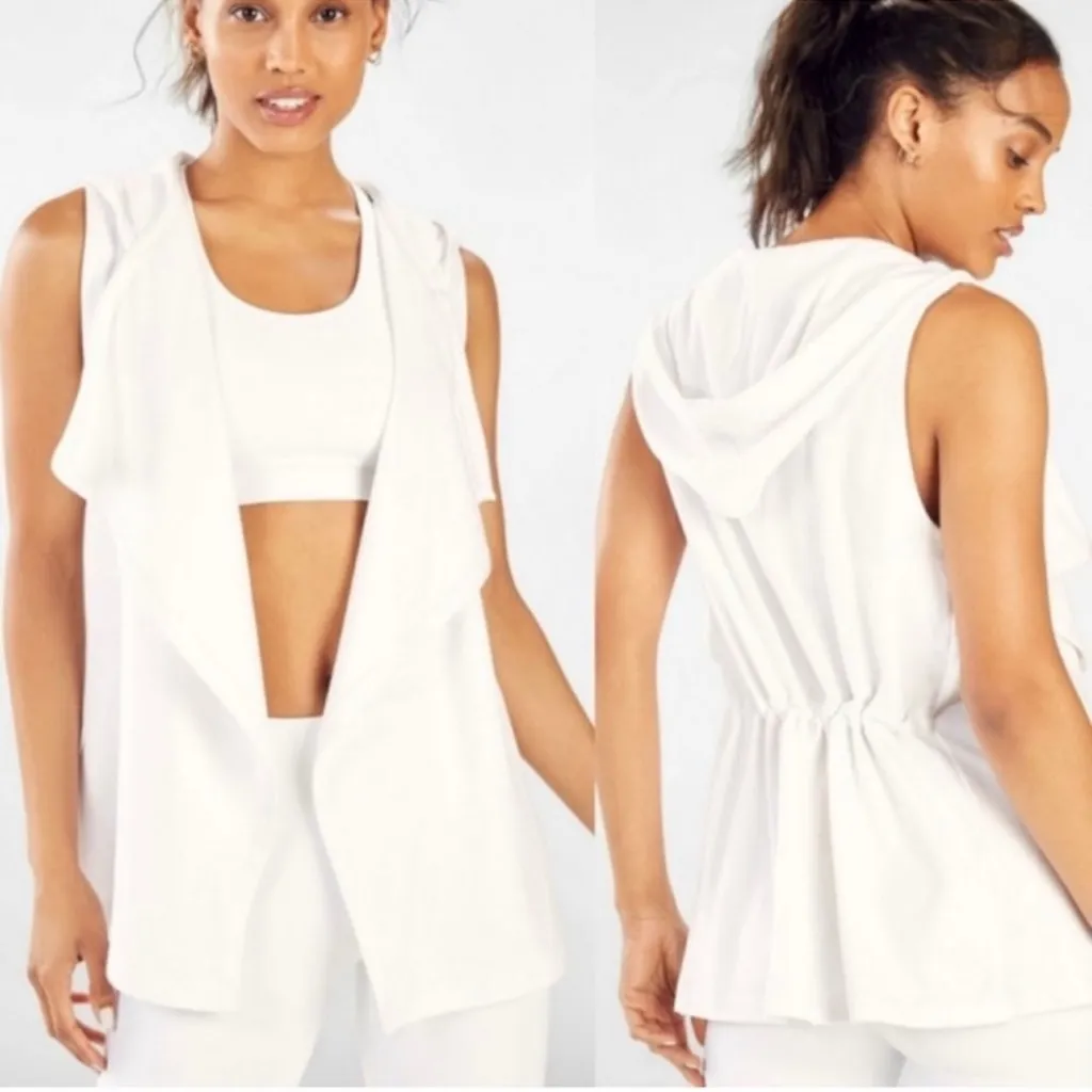 Fabletics White Hooded Vest Open Front Cardigan Drawstring Back Size XL - Image 2