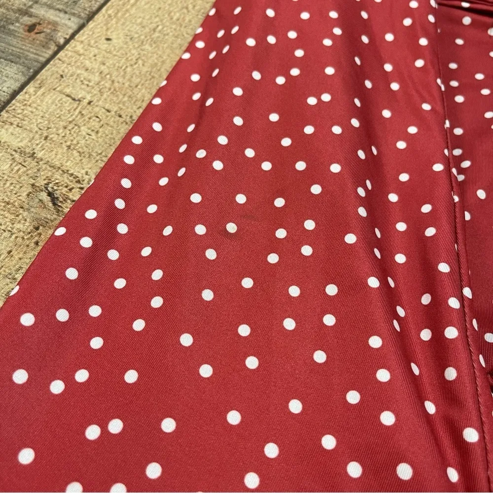 Retro Women's Small Polka Dot Ruffle Tie Wrap Flowy 50's V Neck Swing Dress Red - Image 8