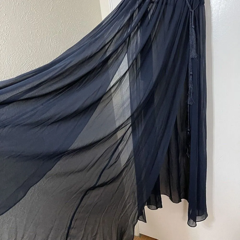 H&M Navy blue double side slit sheer maxi dress tie tassel cinch waist size 4 - Image 3
