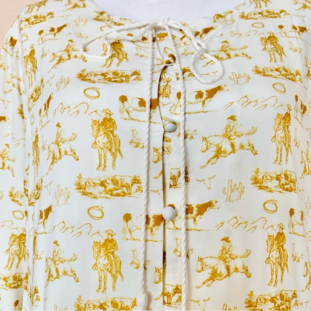 NoliaBae Cream & Brown Yellow Western Horse Print Maxi Dress. Size XL - Image 5