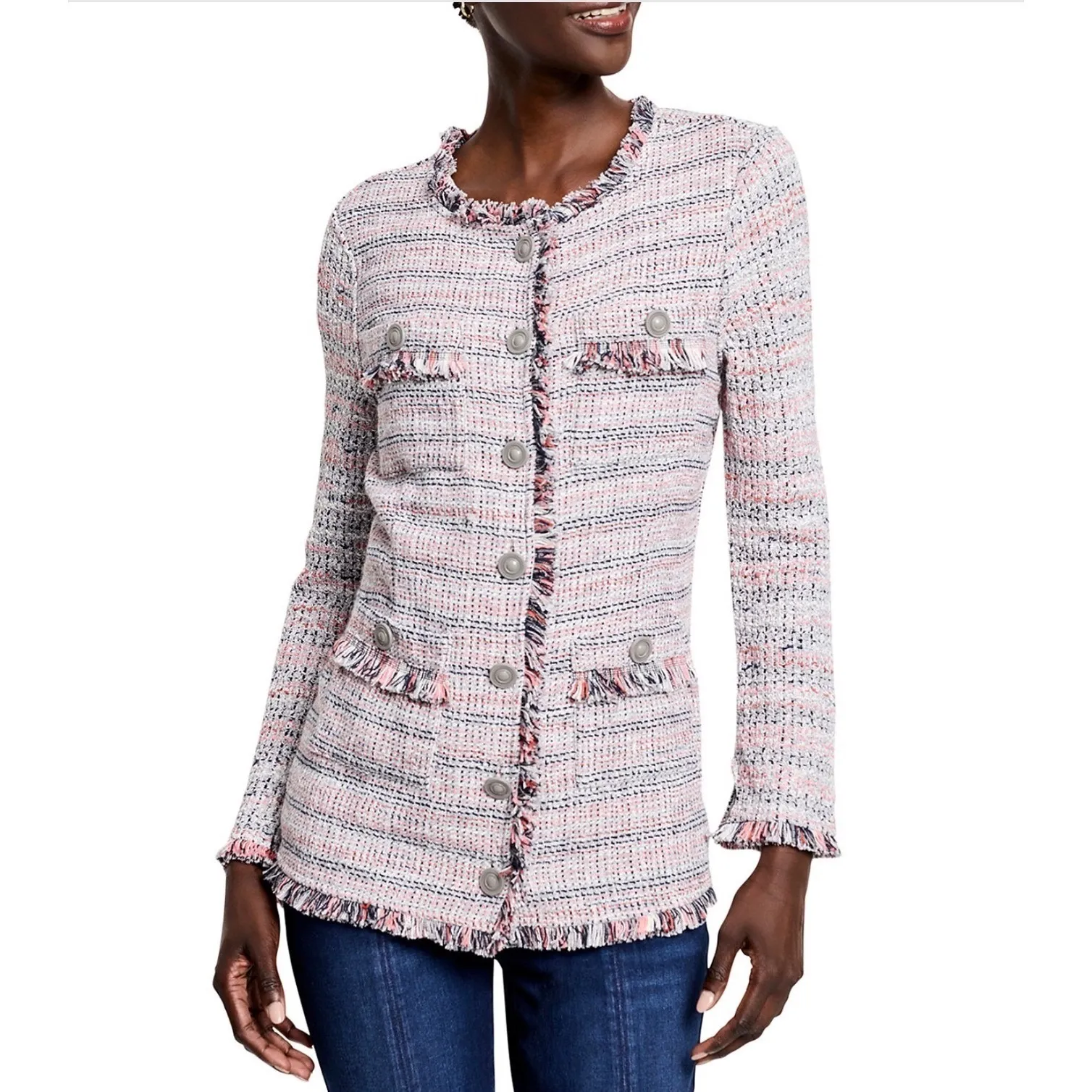 NIC+ZOE Femme Pink Multi Tweed Fringe Jacket Size Large NWT - Image 2