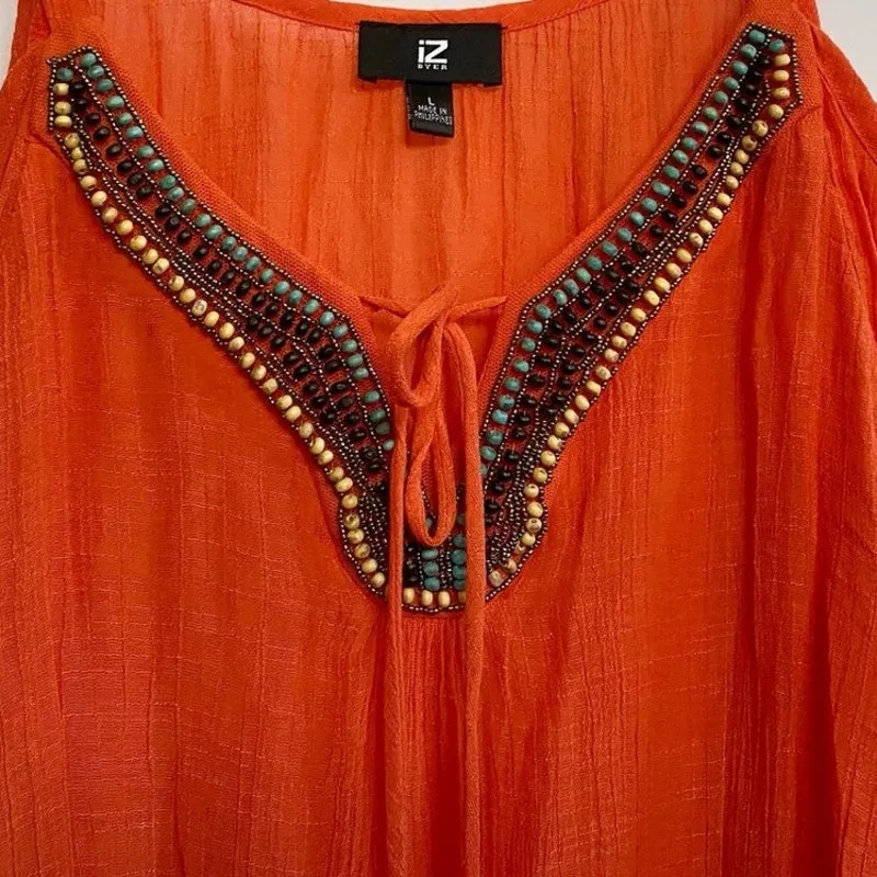 IZ Byer Women's Orange Beaded Front Cold Shoulder Boho‎ Top - L EUC - Image 8