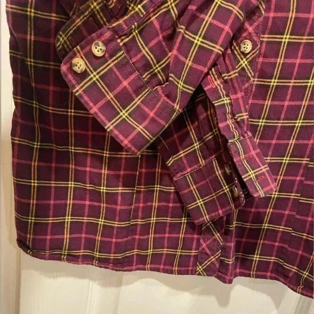L.L. Bean Purple Pink Cotton Plaid Flannel Roll Tab Sleeve Button Down Size S - Image 6