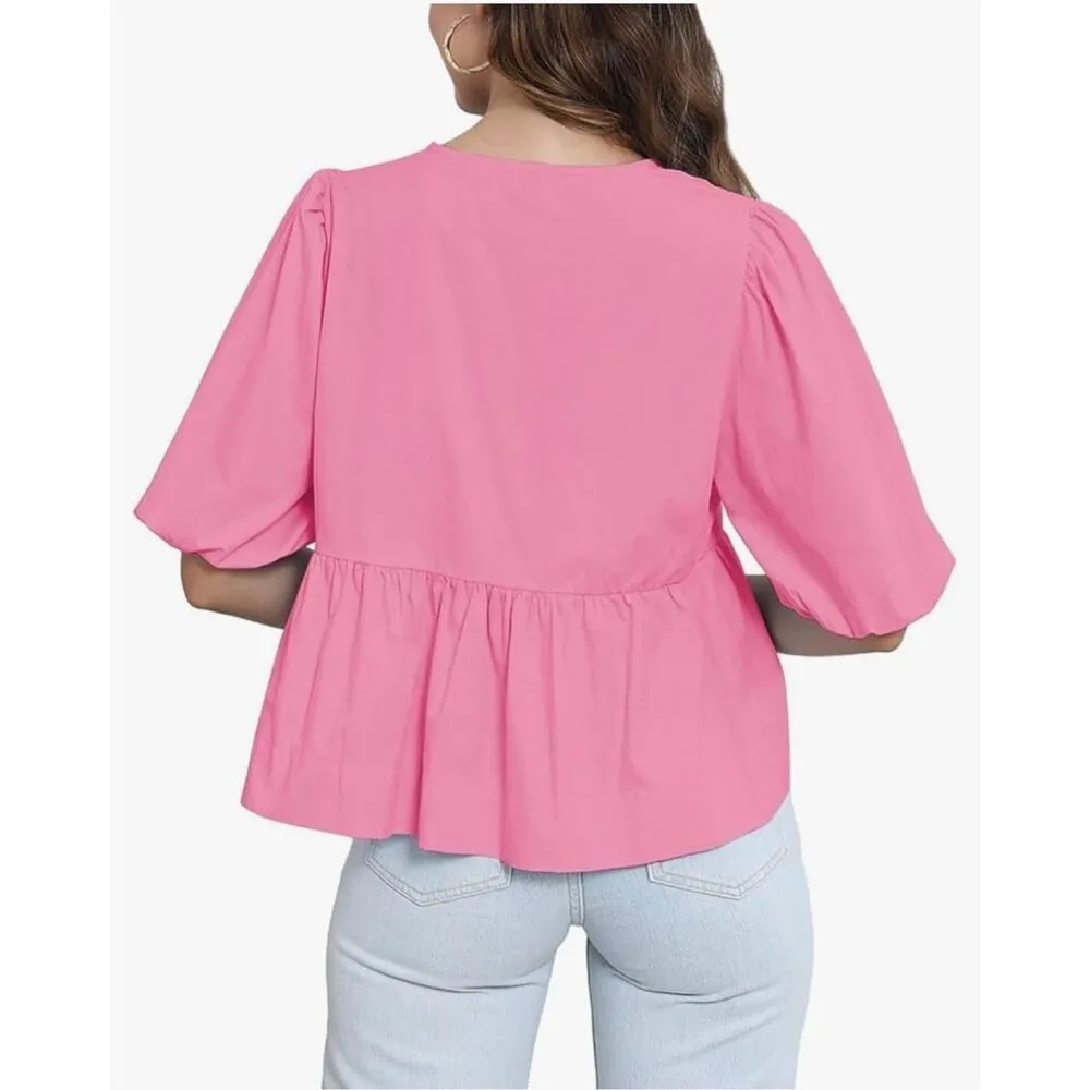 NEW Tie Front Top Babydoll Puff Short Sleeve Blouse 100% Cotton Shirt L Pink Size L - Image 3