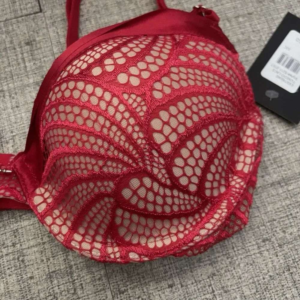 FREDERICK’S OF HOLLYWOOD Exxtreme Cleavage‎ Tuxedo Red Lace Bra Size 32C NEW - Image 6