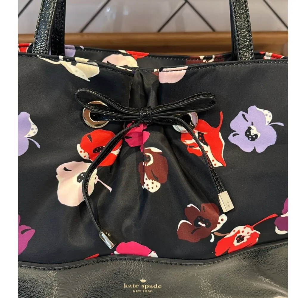 KATE SPADE black floral poppy print nylon patent leather satchel tote bow accent - Image 4