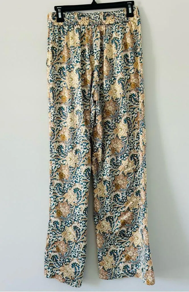 Anthropologie Drew Cream Gold Blue Wide Leg High Rise Trouser Satin Pants S - Image 2