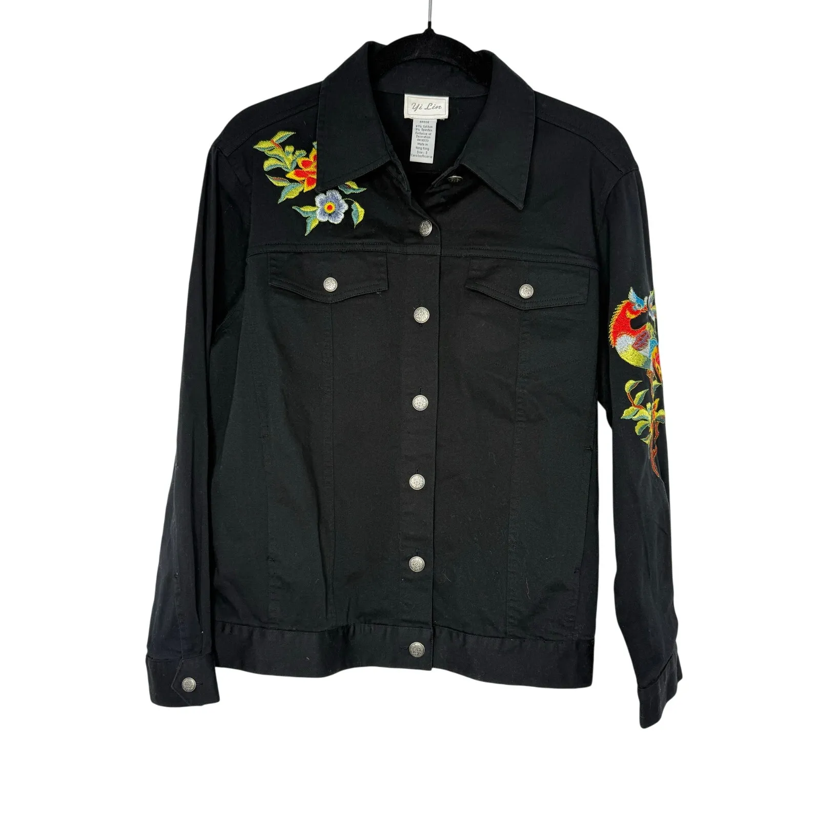 Yi Lin Black Embroidered Jacket Women’s Small Floral Bird Western Boho Tropical - Image 3