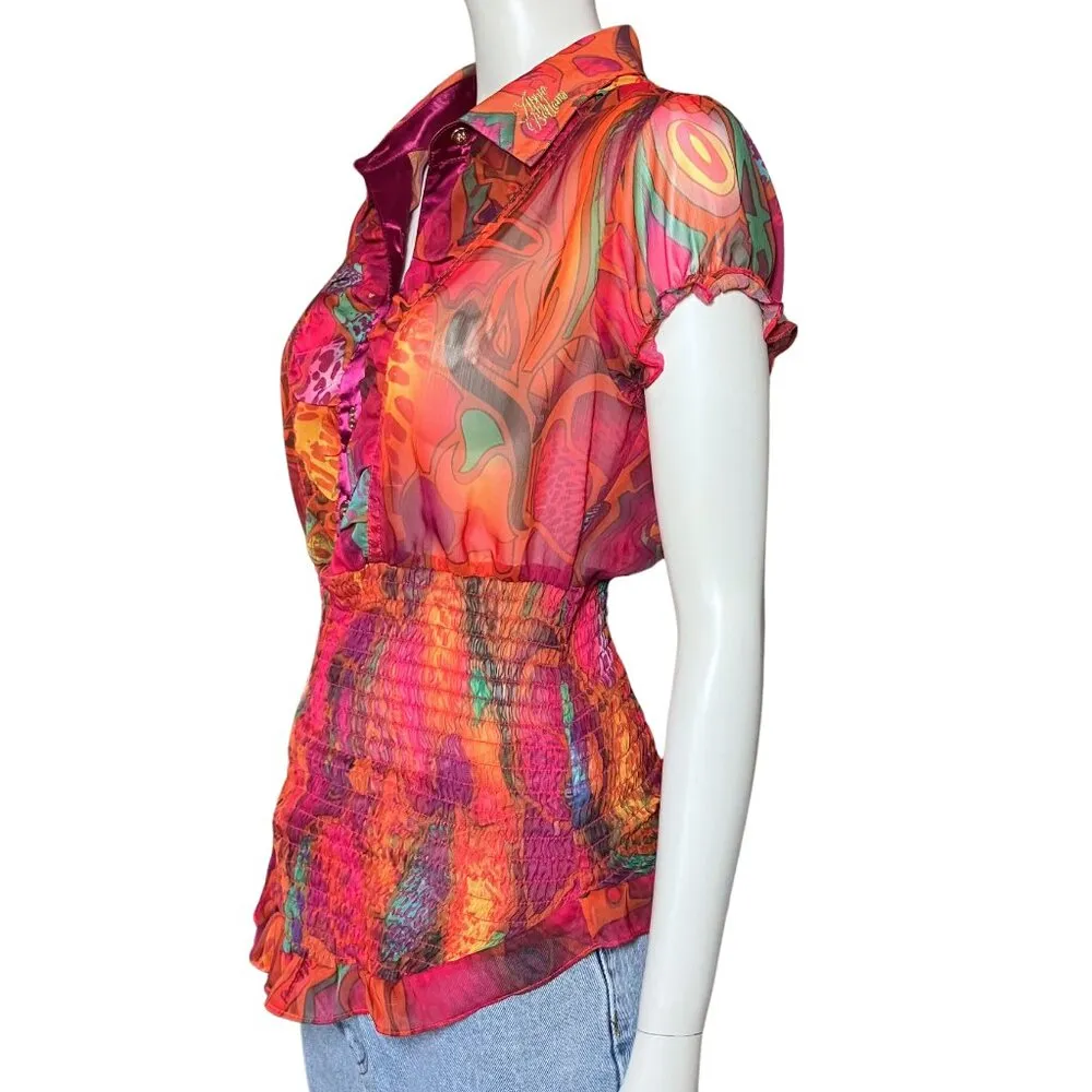 Vintage Y2K Apple Bottom Colorful Psychedelic Sheer Blouse Top Trashy2K M/L Pink - Image 2