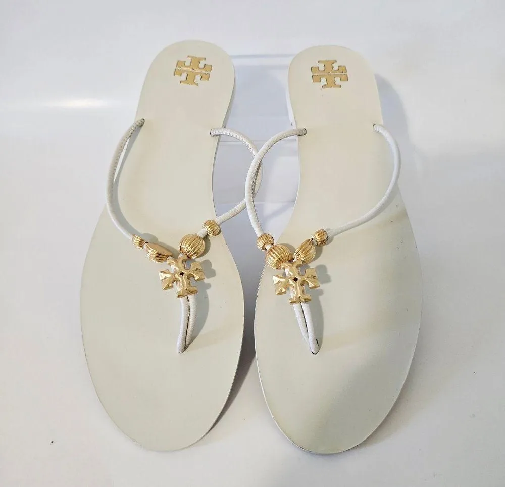 Tory Burch Capri  Beaded Leather  Tong Sandal/ Ivory/Gold Size 9 - Image 3