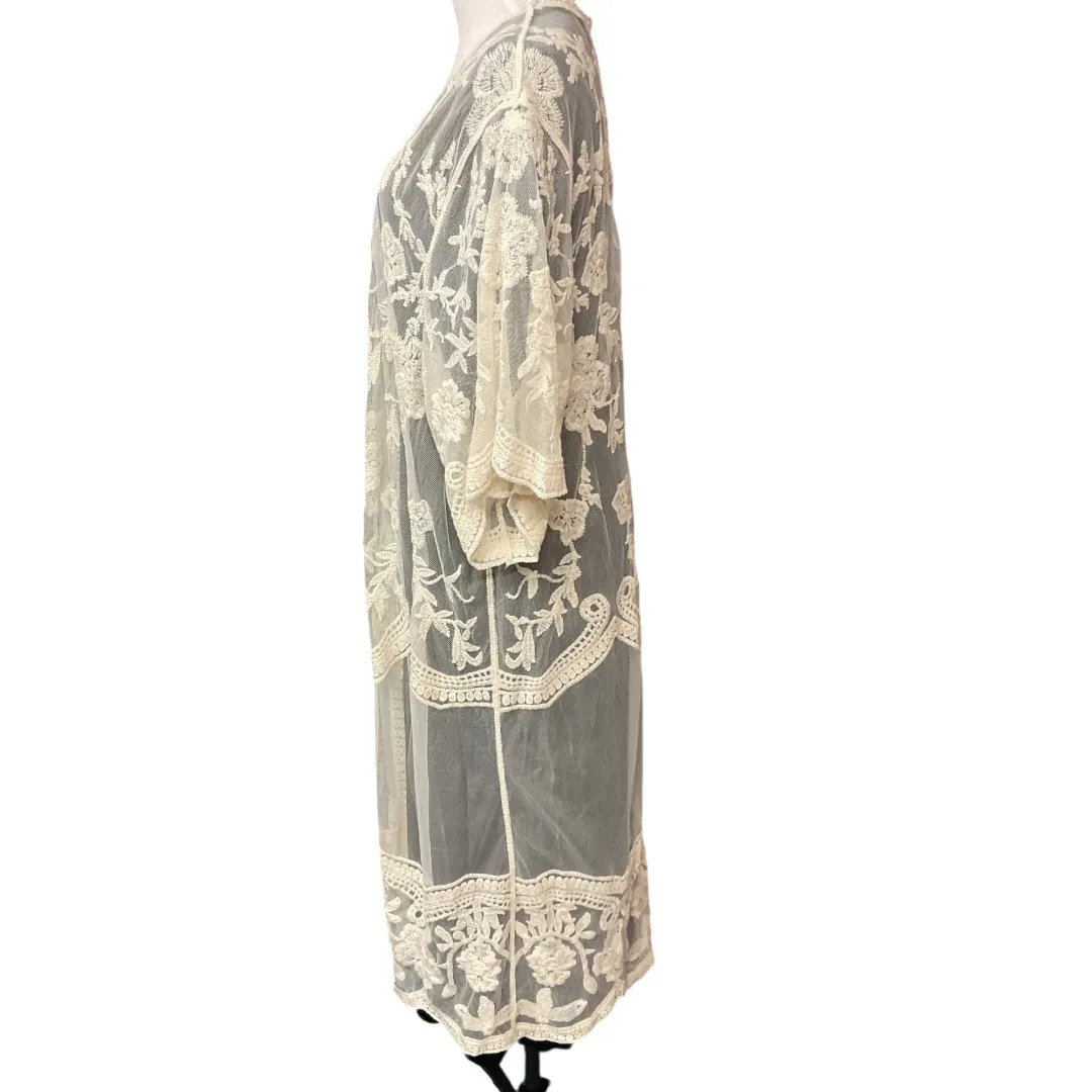 She + Sky Lace Midi Long Kimono Ivory Mesh Cardigan Romantic Cardigan Size Large - Image 11
