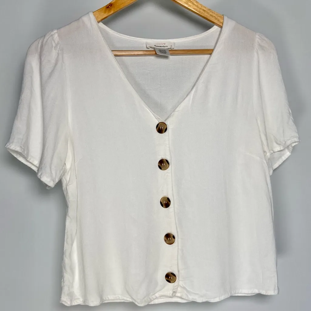 White Button Up Short Sleeve Blouse Top Minimal Coastal Grandma Cottagecore Chic - Image 1