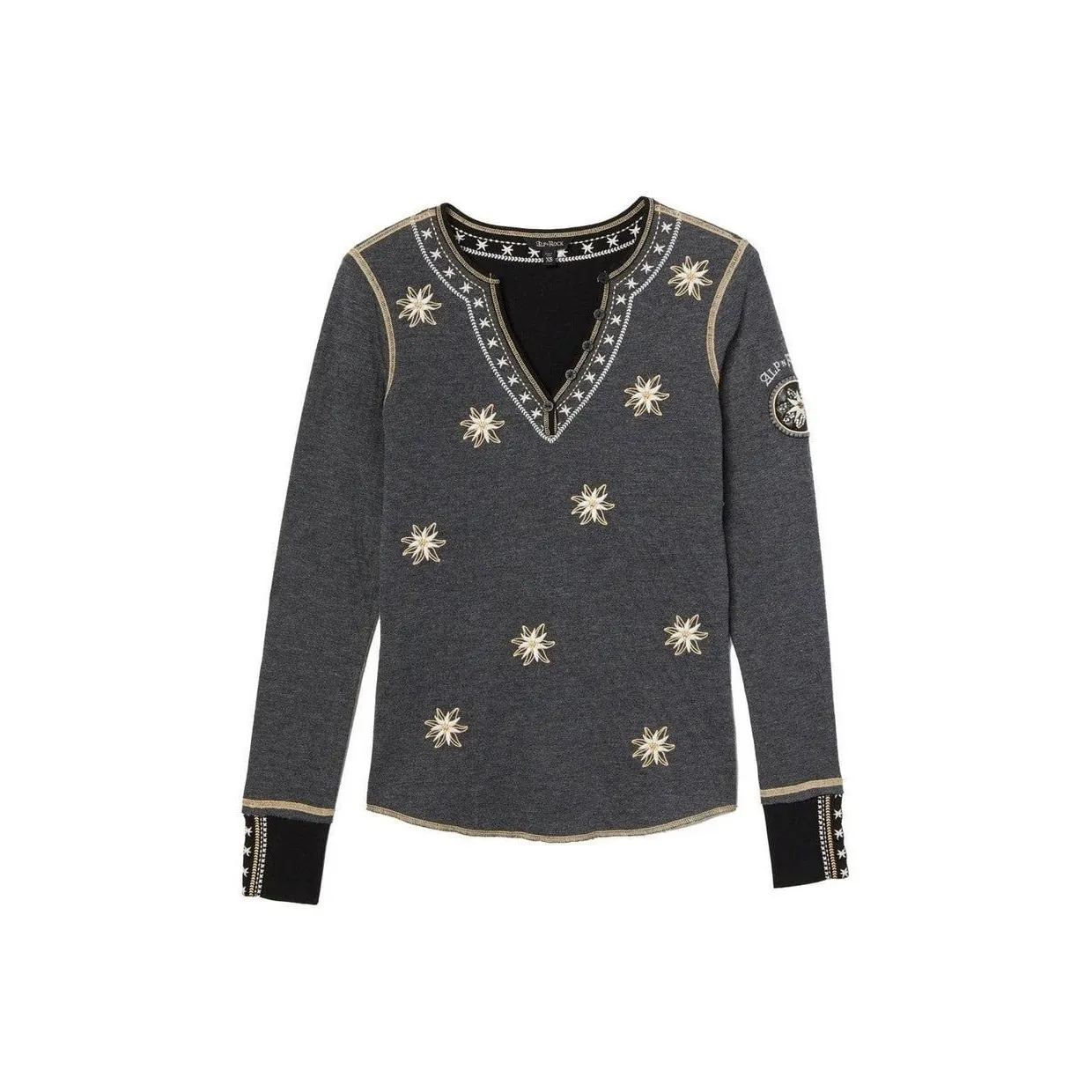 ALP N ROCK Natasha Henley Embroidered Floral Gray Shirt XS Organic Heritage Ski - Image 2