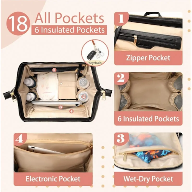 OMANMOLI Leather Diaper Backpack Black Large Organizing Pockets Travel Everyday - Image 3