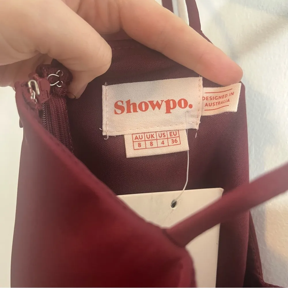 NWT Showpo Dare to Dream Maxi Dress Plunge Neck Split Leg Wine Red Size 4 - Image 7