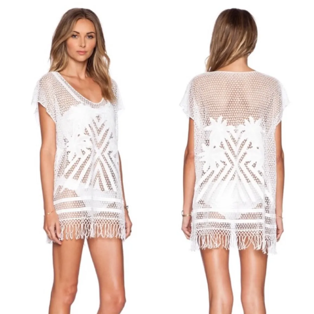 Seafolly Miami Summer Kaftan Crochet Swim Cover-Up Fringe Fray White One Size - Image 3