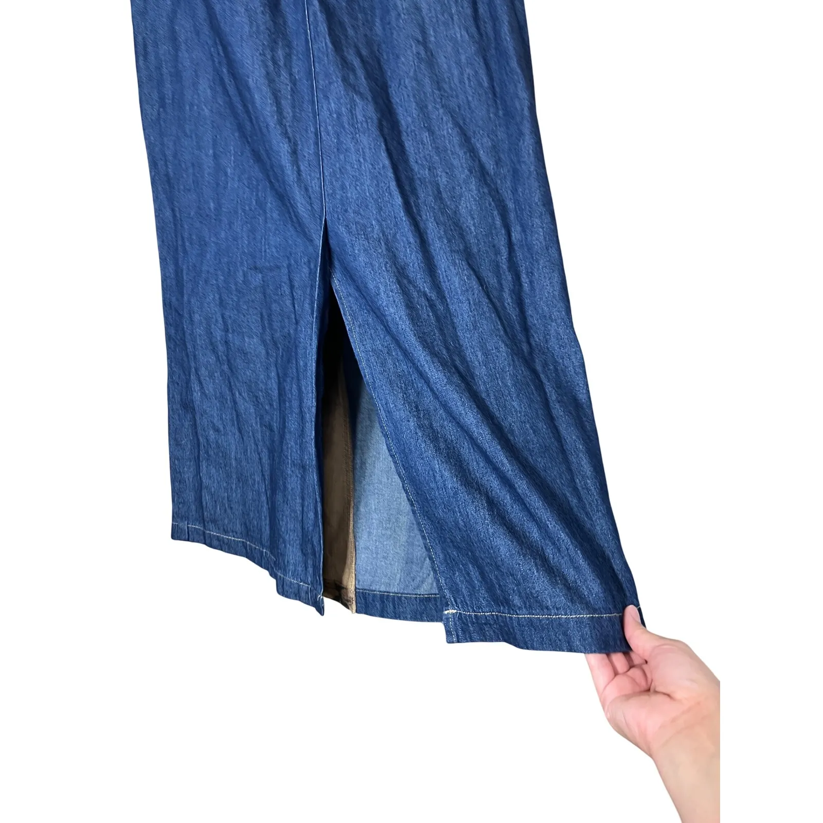 CAPACITY Women's Denim‎ Maxi Skirt Floral Corduroy Panel Slit Size L Brown - Image 6