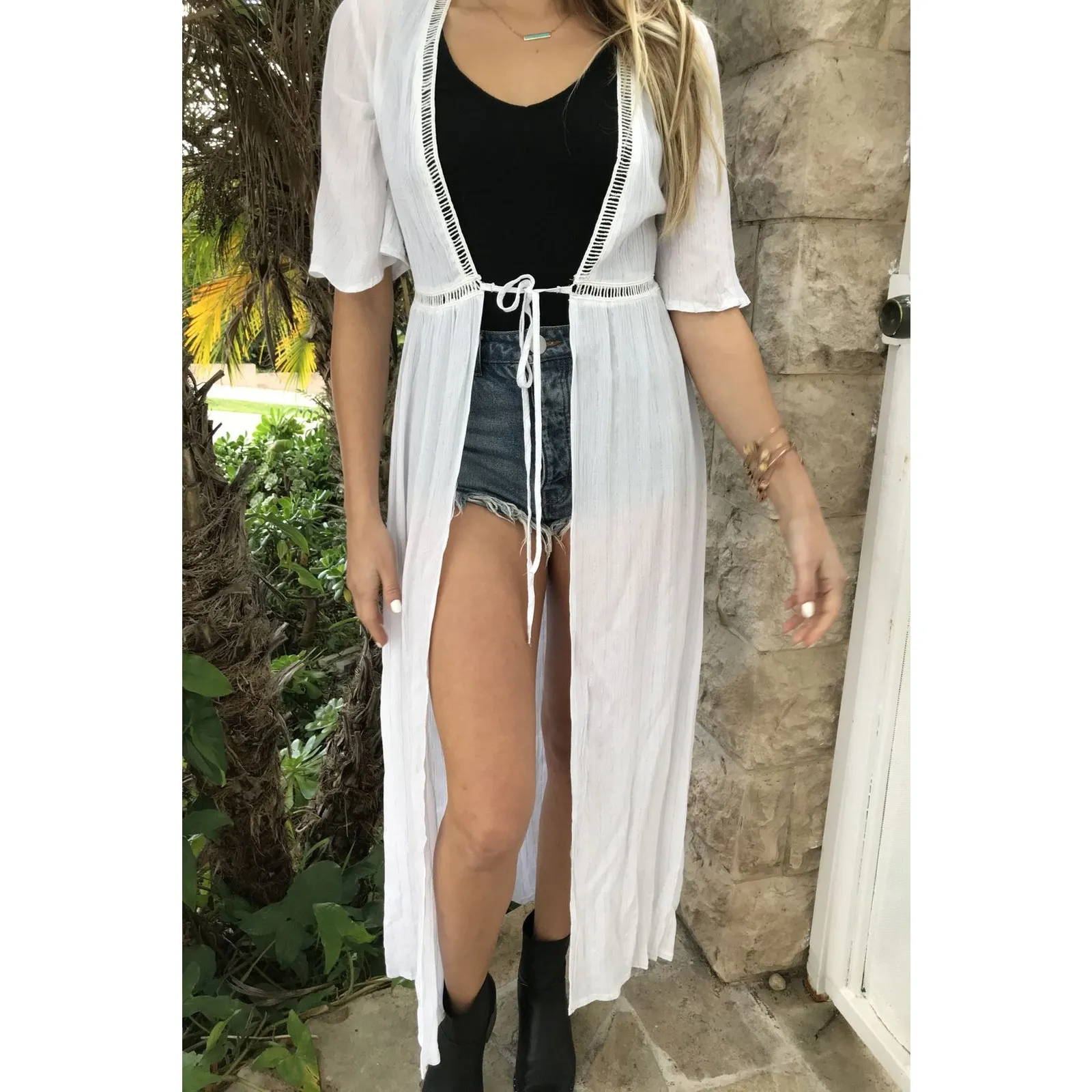 Bear Dance Womens Swim Coverup Sz M White Silver Trim Tie Front Longline Kimono - Image 2