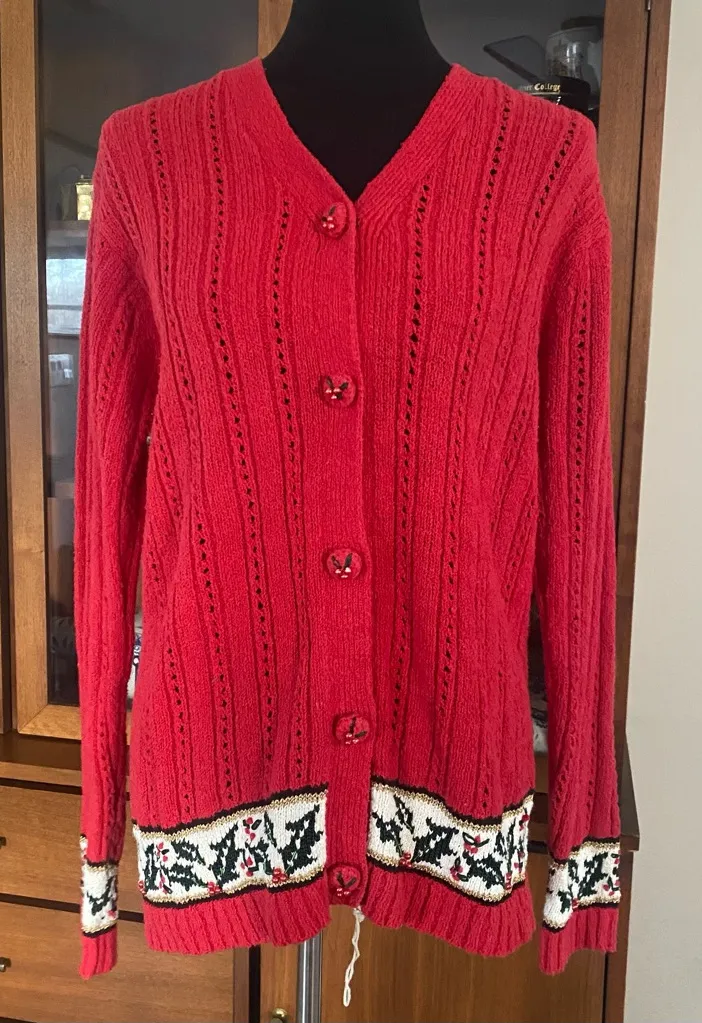 Vintage 90’s Eagle’s Eye Christmas Holly Berry Cardigan Sweater Red Size L - Image 1