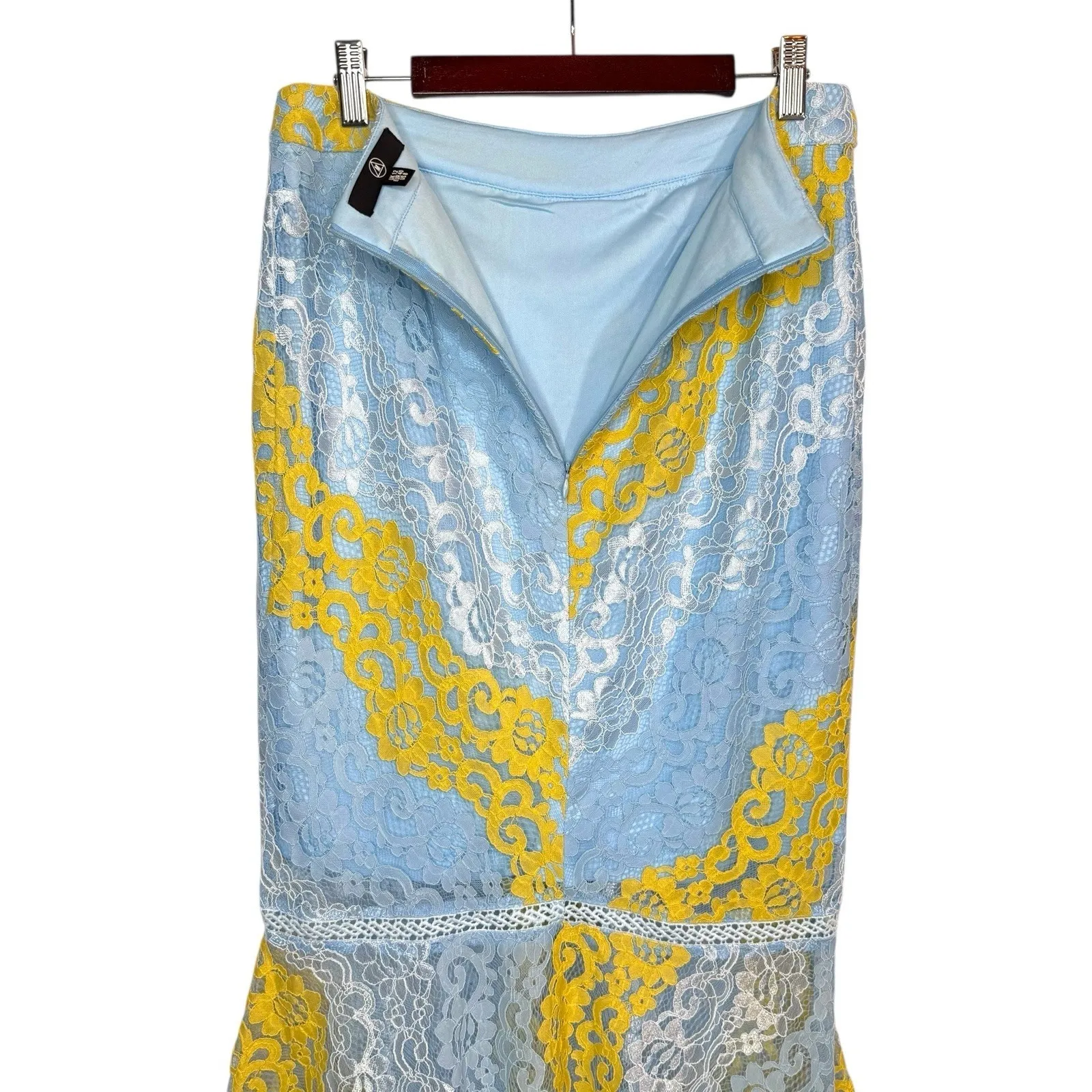 Y2K‎ Lace Trumpet Midi Skirt Blue Yellow Semi Sheer Lined Coquette Ruffle M 8 - Image 6