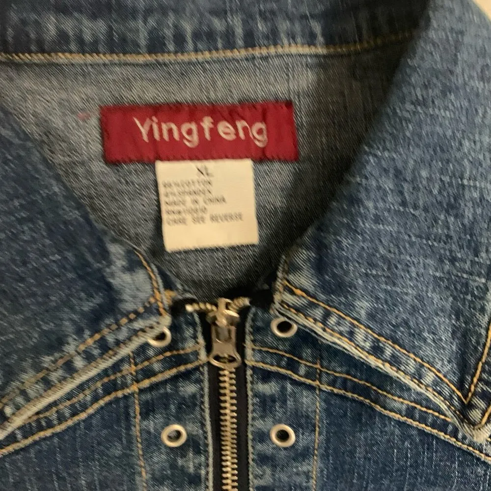 Denim Jean Jacket Eyelet Detail Ladies Sz XL Buttons Moto Blue - Image 2