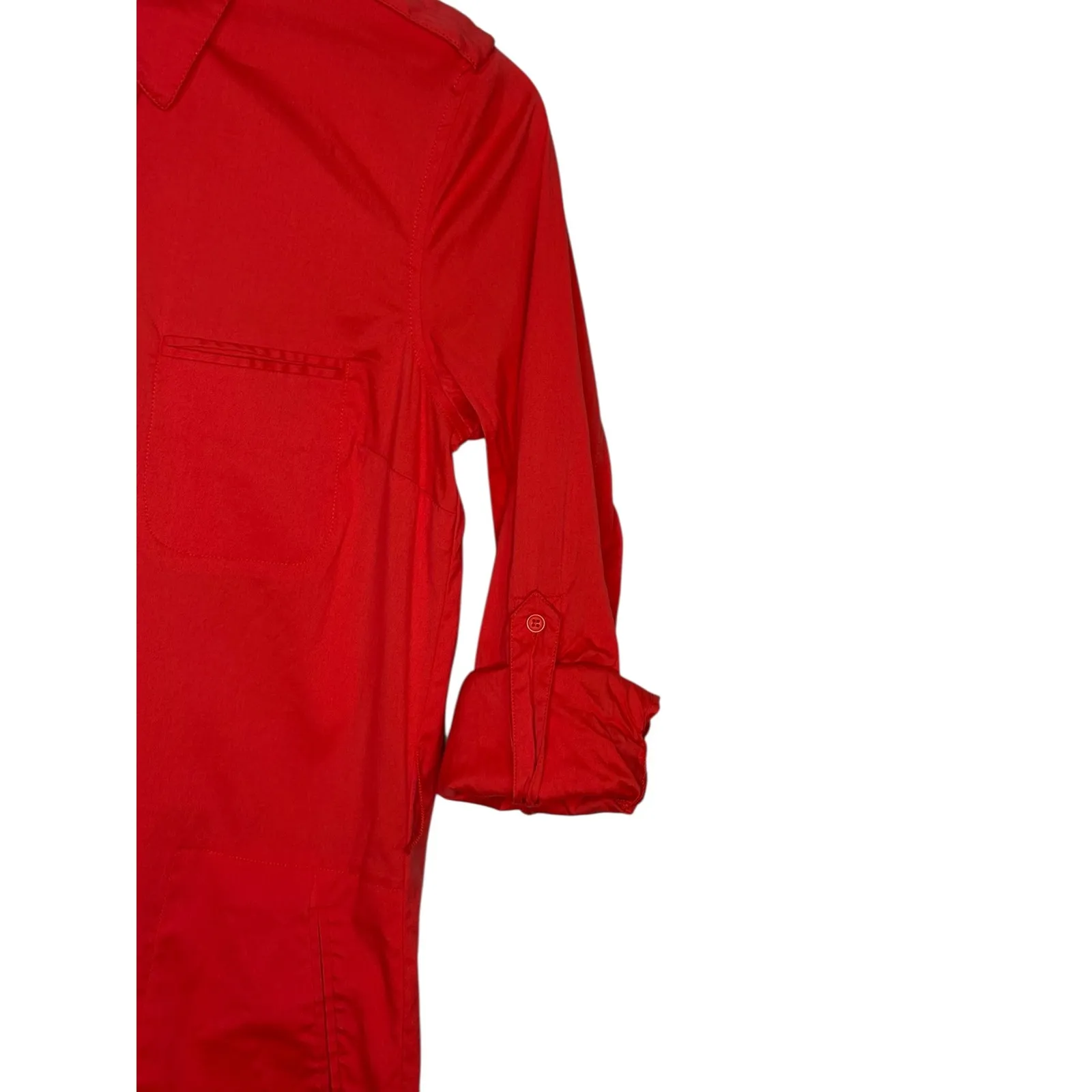 Bebe Coral Button Up Roll Tab Sleeve Shirt Dress Utility Pockets Size Small - Image 9