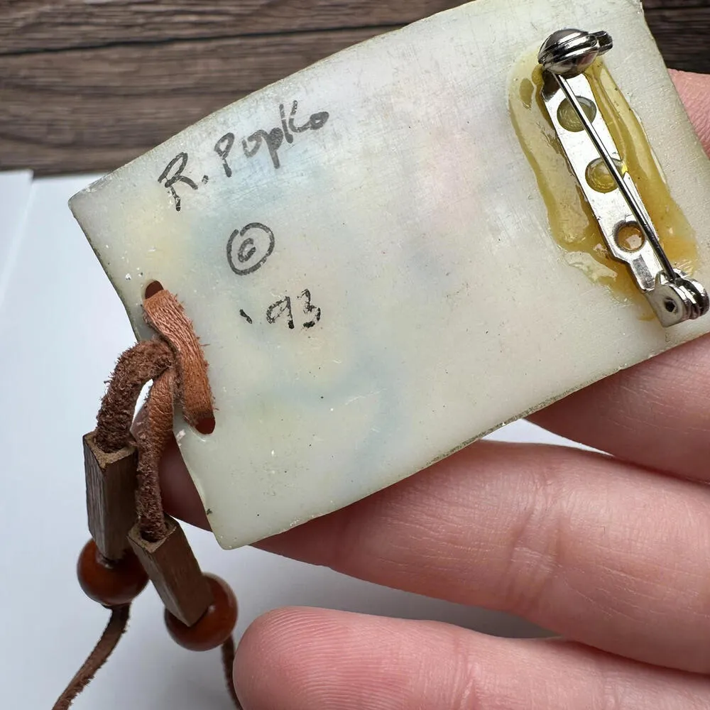 Longhorn / Bull Painting Beaded Leather Fringe Brooch Pin Vintage Handmade - Image 10