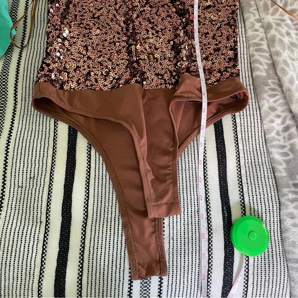 Francesca's Collections Sequin Bodysuit size Small‎ Cognac Brown Glitter Thong S - Image 5