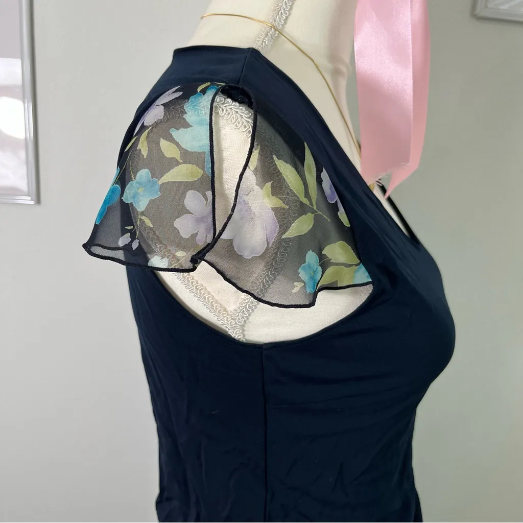 Vintage Y2K Annex Navy Blue Floral‎ Butterfly Sleeve Top Womens Size Small - Image 3