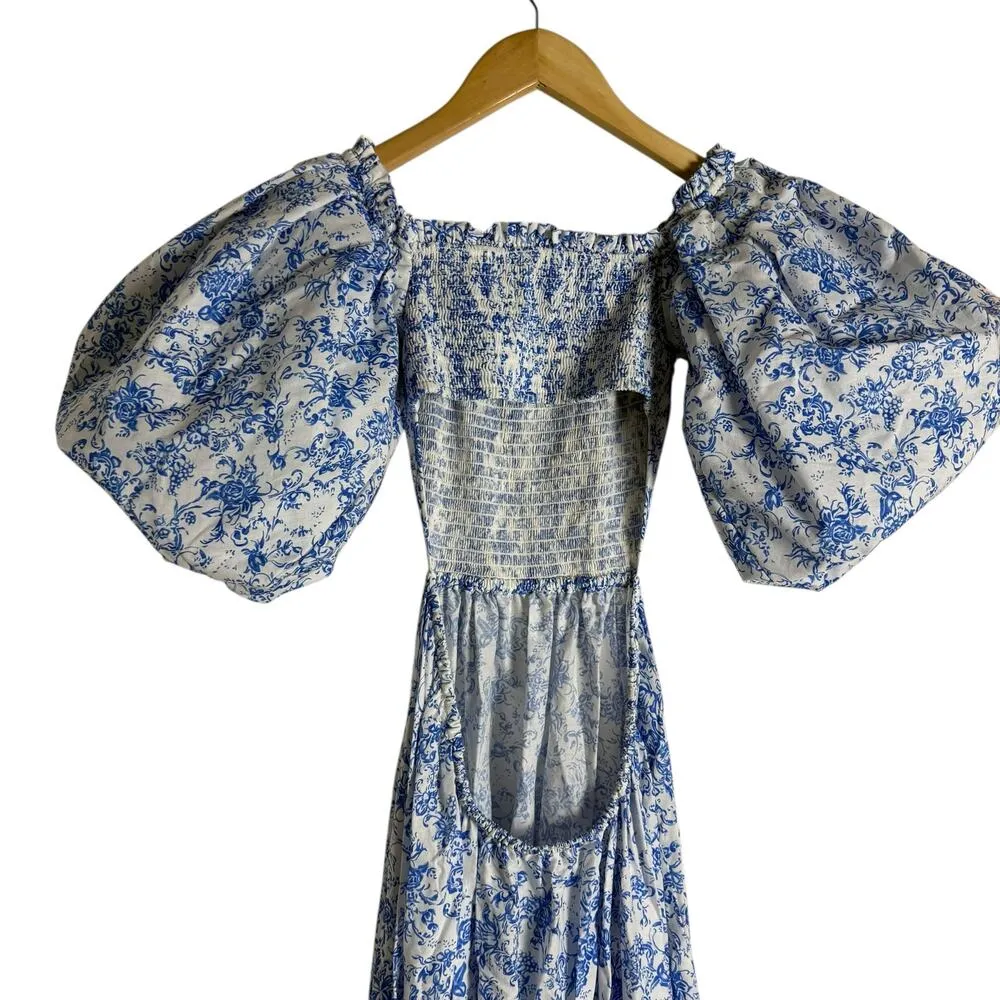 Caroline Constas Yara Blue Toile Floral Off Shoulder Puff Sleeve Maxi Dress S - Image 12