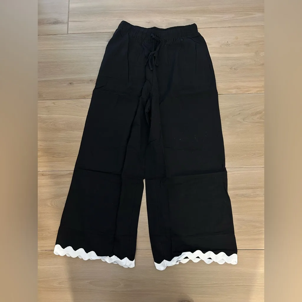 NEW Black Trendy Career Linen Blend Scalloped Trim Pants M Size M - Image 2