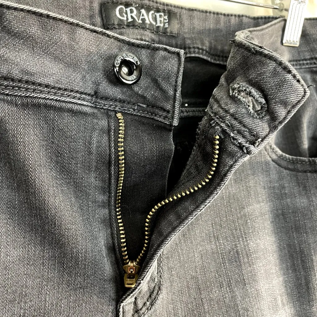 Grace In LA Jeans Womens 31 Charcoal Black Skinny Frayed Hem Stretch Denim Ankle - Image 7