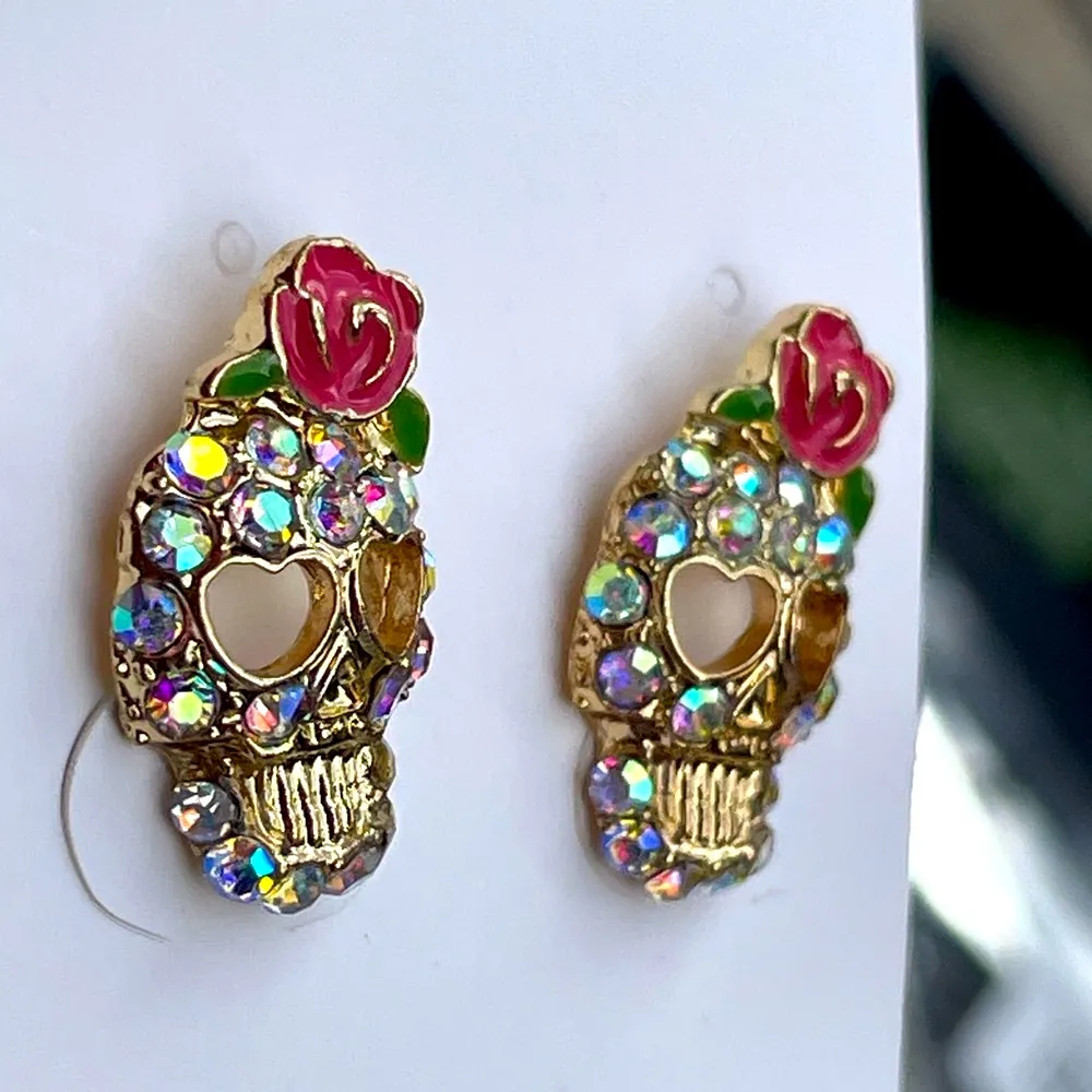 Gold Skull Rainbow Rhinestone stud earrings with Pink Rose Accents New gift - Image 2