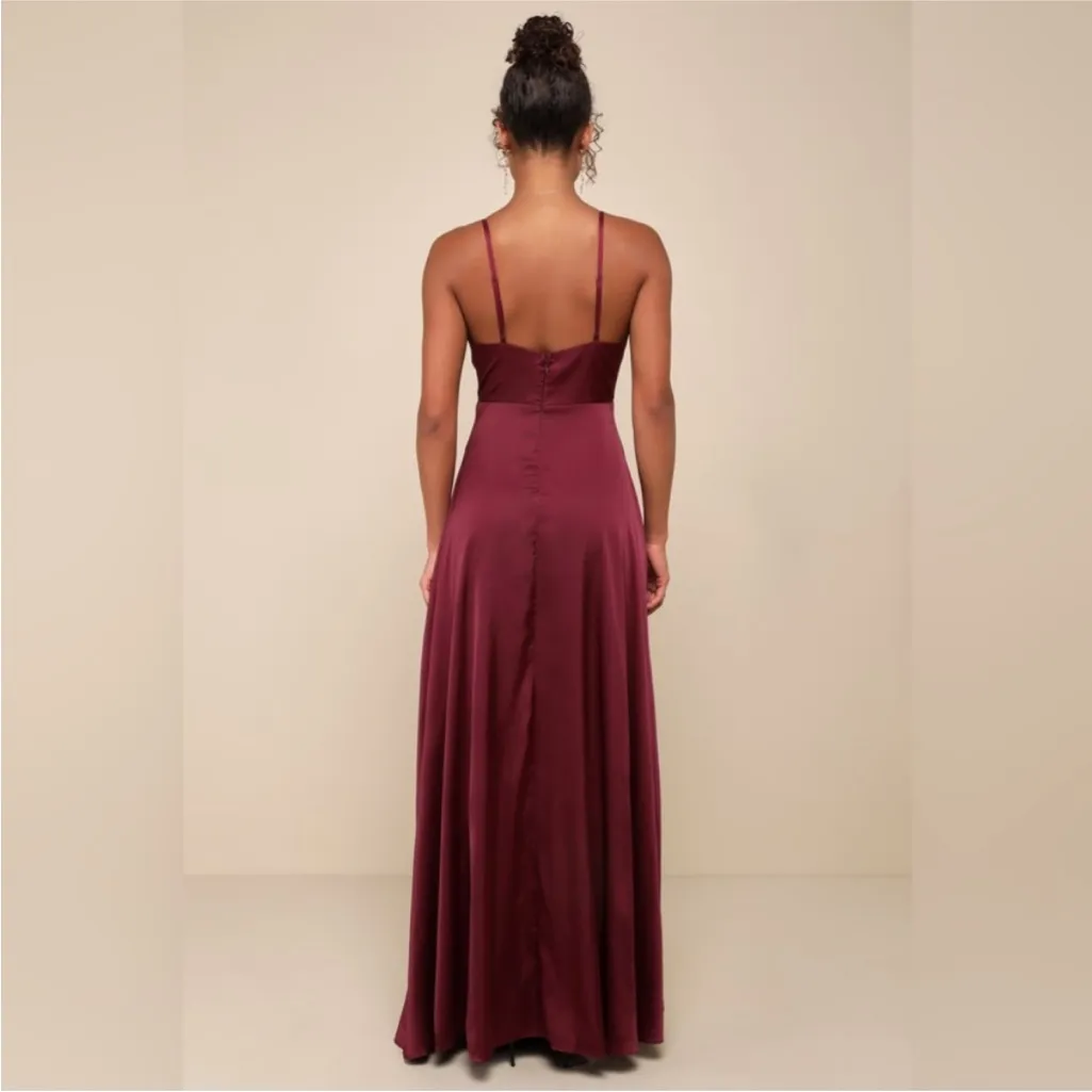 Lulus Ode To Love Burgundy Satin Maxi Dress Slit Formal Bridesmaid Small NWT - Image 3