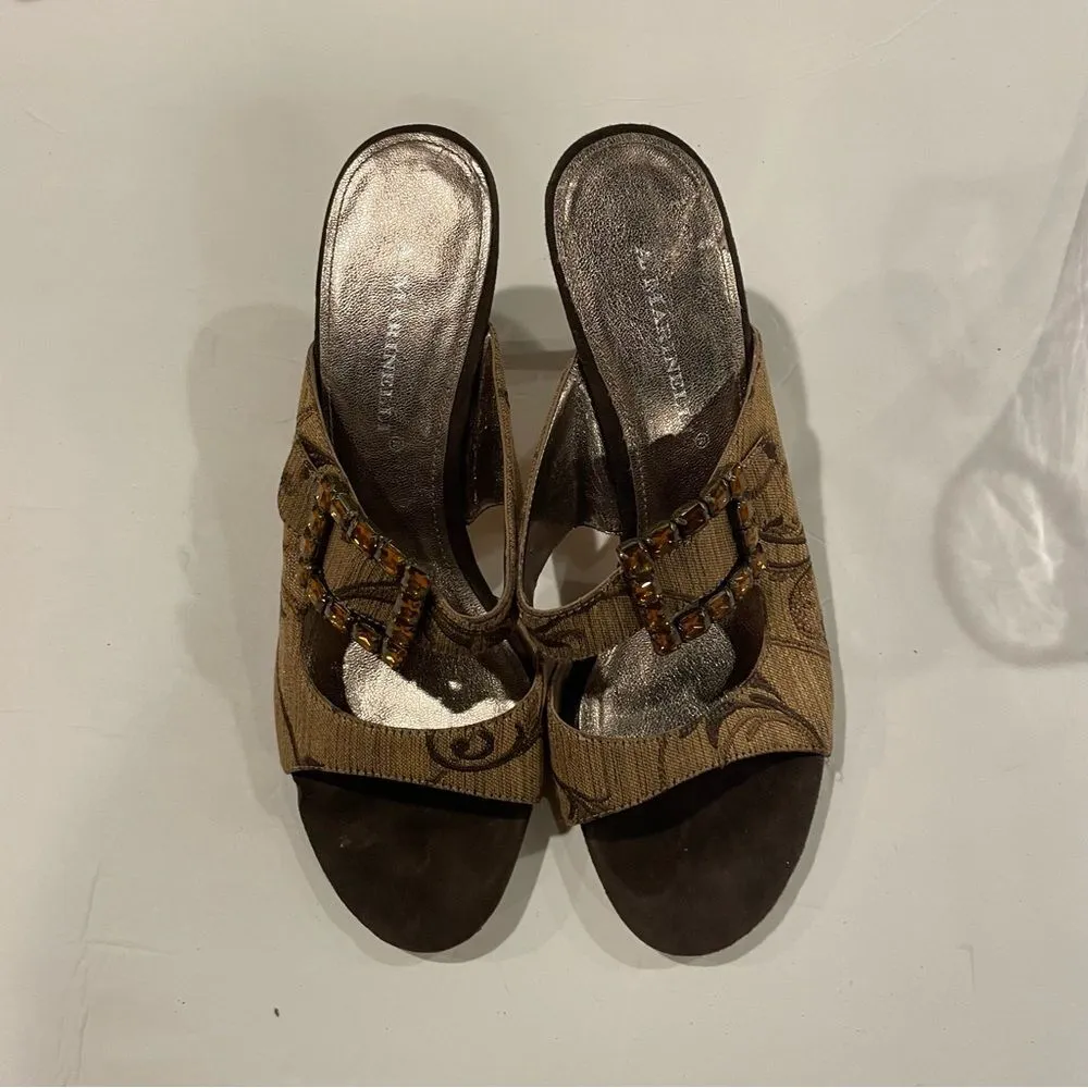 Y2K baroque fabric orange jeweled buckle strapy slides kitten heel luxury Brown Size 7.5 - Image 4