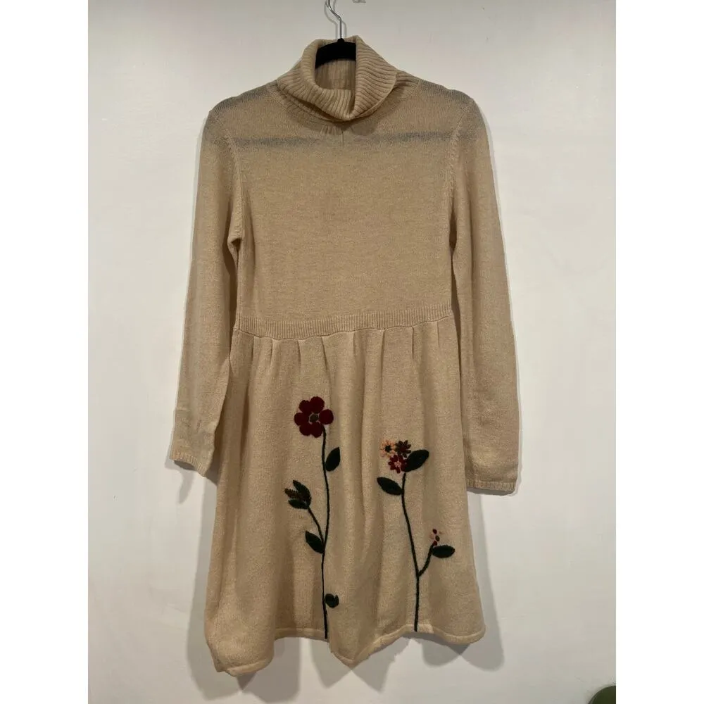 Vintage Jocomomola de Sybilla Wool Embroidered Turtle neck Dress Beige Floral L Size L - Image 3