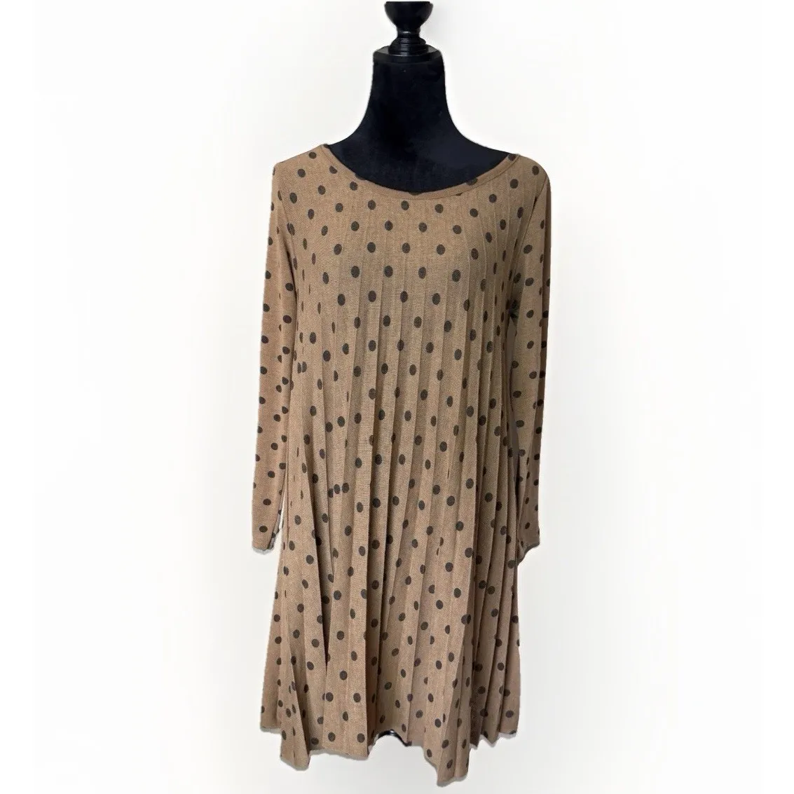 Angela Mara Polka Dot Womens Dress Medium Brown Long Sleeve Round Neck Dress Gray - Image 2