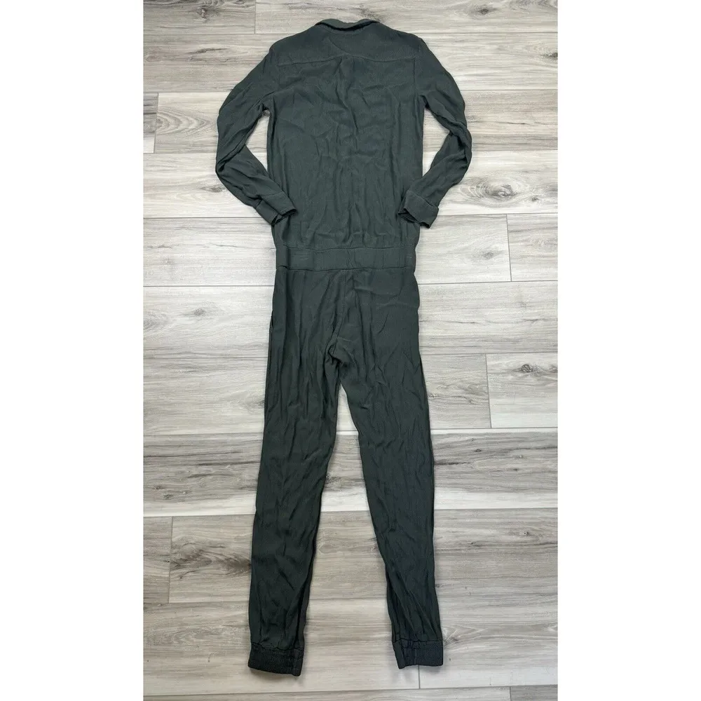 MONROW Crepe Long Sleeve Loose Fit Button Front Tapered Leg Jumpsuit Green Sz XS - Image 9