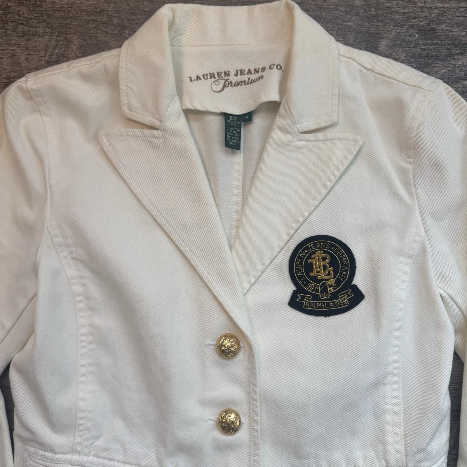 Ralph Lauren Jeans Co. Bullion Jacquard Denim Blazer Nautical Cream Cropped Med - Image 2