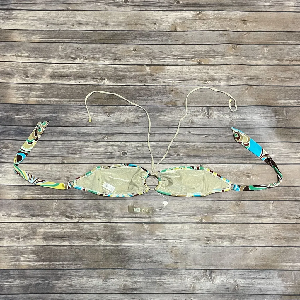 Vitamin A Bandeau Halter Ring Accent Bikini Top NWT Large Brown Blue Green White - Image 5