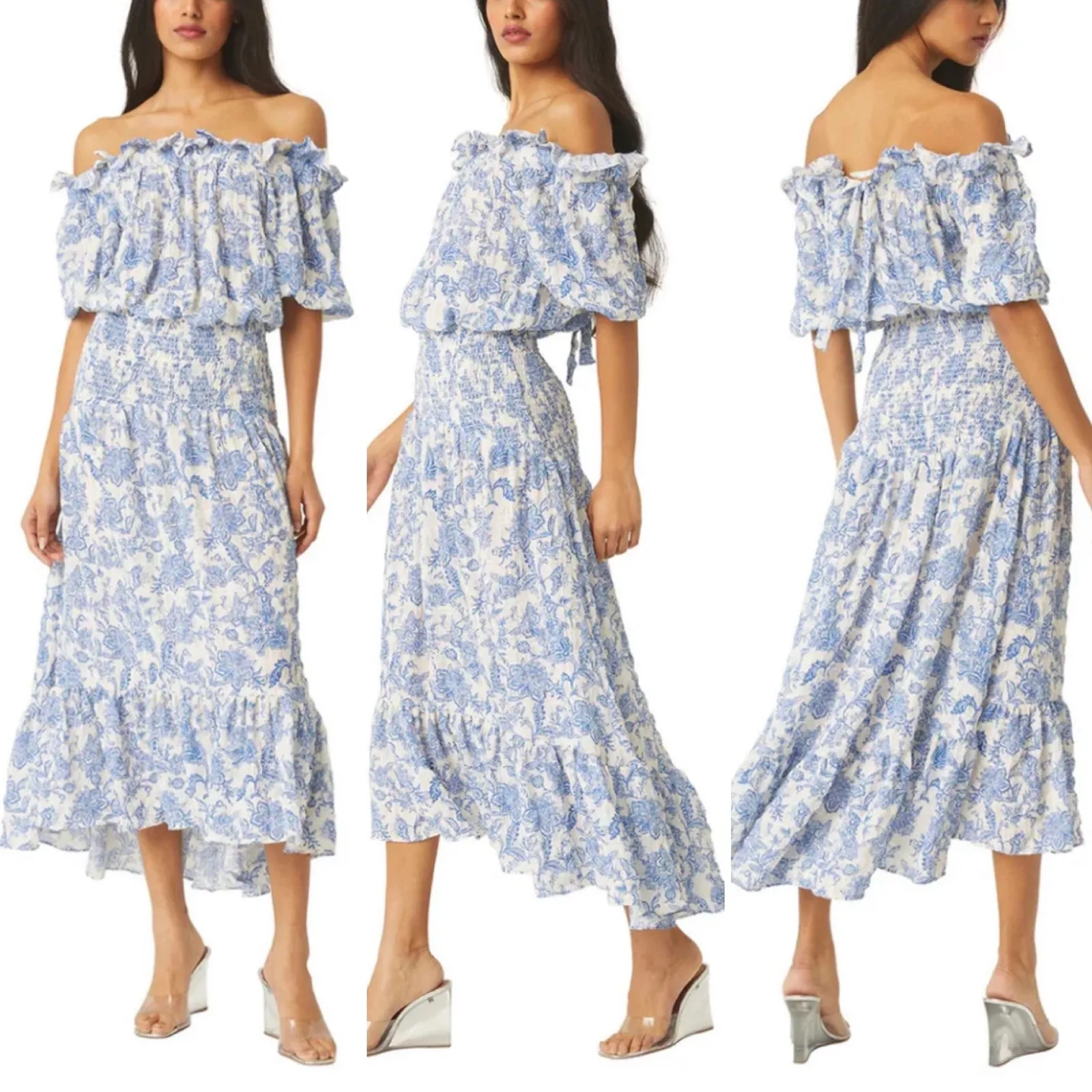 MISA Los Angeles Paola Dress Smocked Off Shoulder Blue Crush Toile Small Midi‎ - Image 2