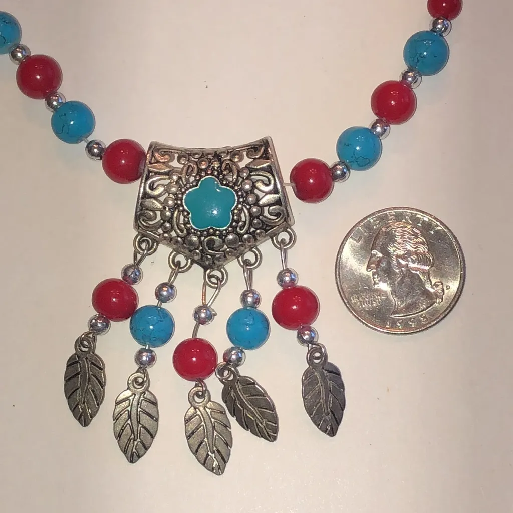 Turquoise Color and Red Beaded Boho Silver Tone Feather Necklace Blue - Image 3