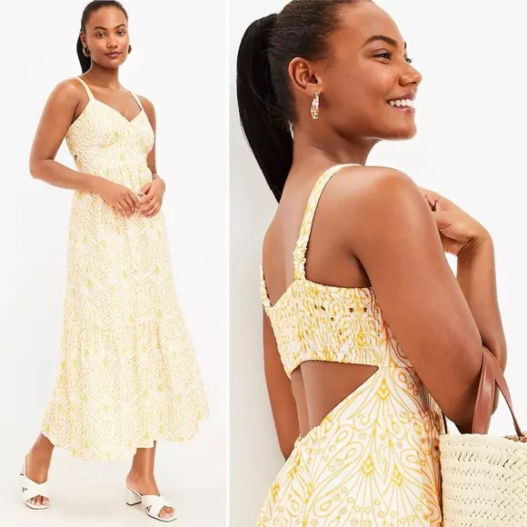 LOFT Eyelet Open Back Woven Cotton Lined Maxi Dress in Yellow &‎ White Sz 10 NEW - Image 2