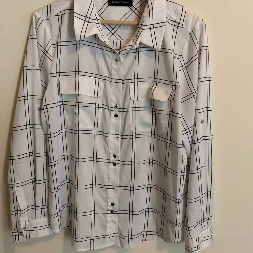 Ivanka Trump Womens Size Small Blouse White and Black Dress Shirt Silver Buttons - Image 2