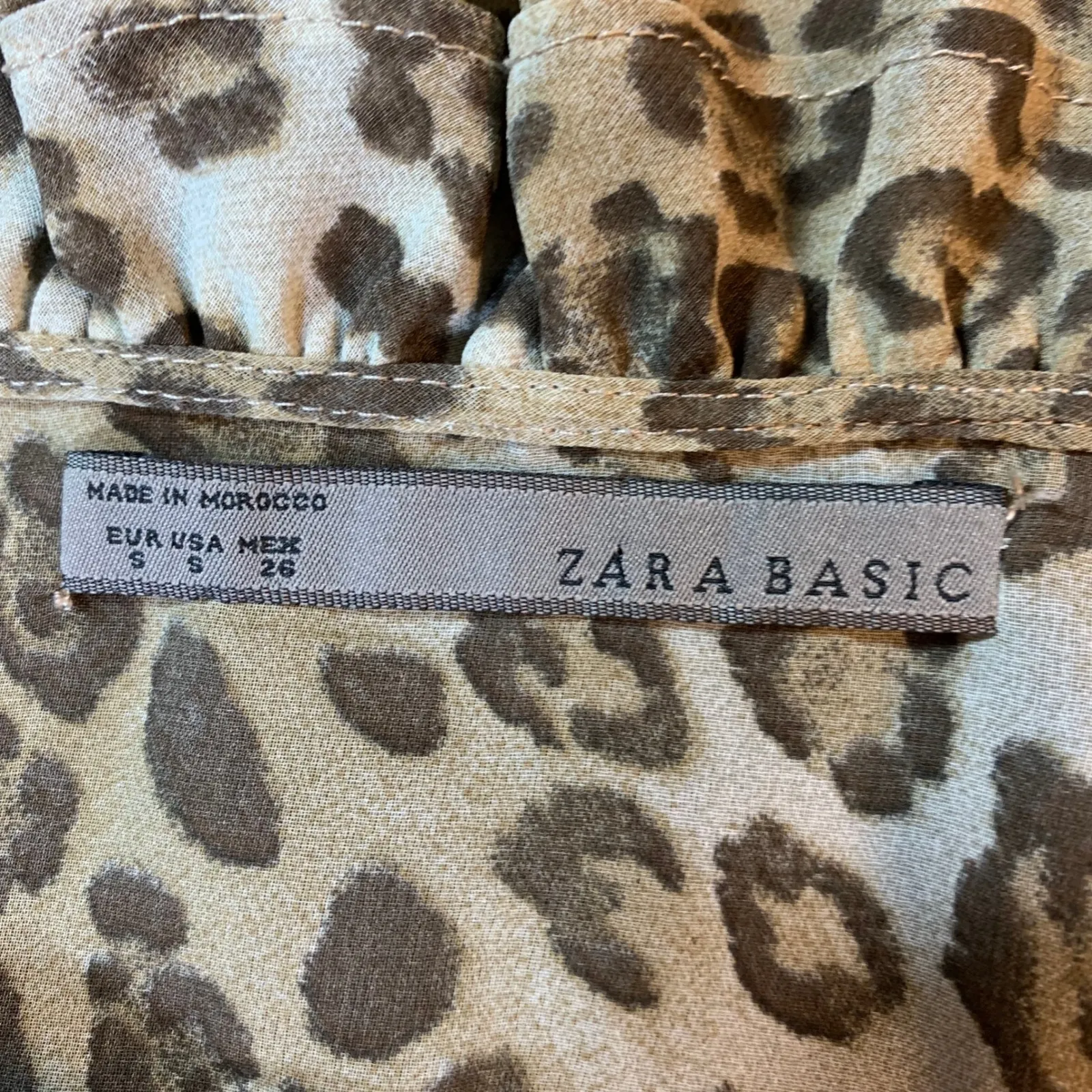 Zara Basic Leopard Print Ruffle Blouse Smocked Hem Long Sleeve Top‎ Small Sheer Tan - Image 5