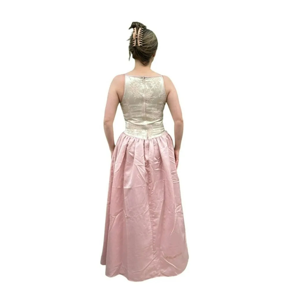 Vintage Jessica McClintock Gunne Sax 9 /10 Pink Formal Gown Gold Brocade Satin - Image 2