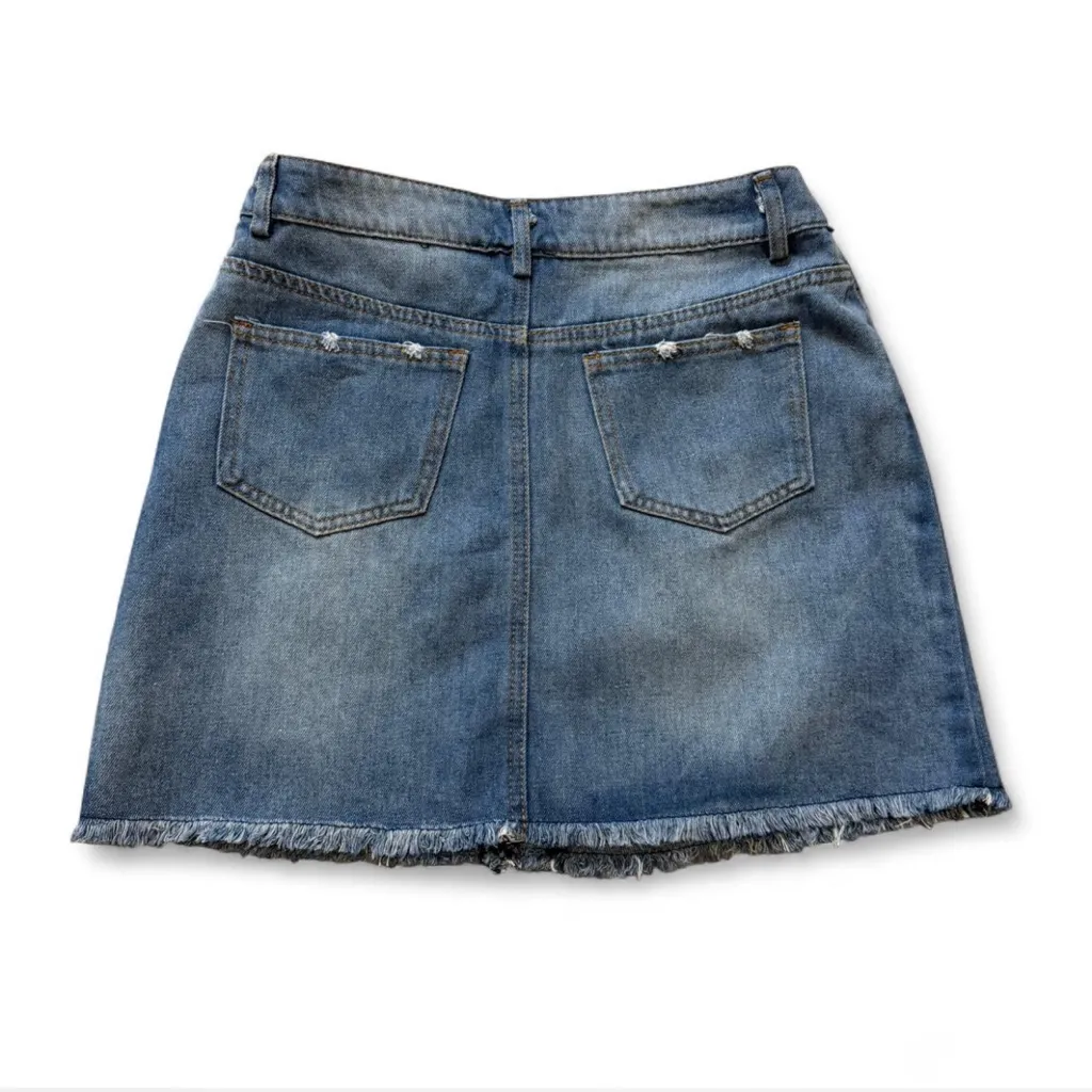 Denim Zipper Fringed Skirt‎ - Image 2